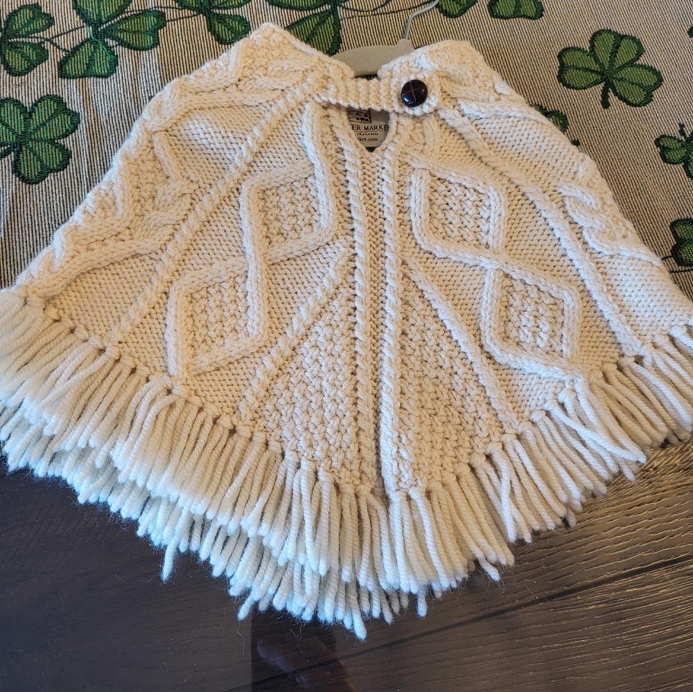 Cream Knit Poncho with Fringe Aran Sweater Market